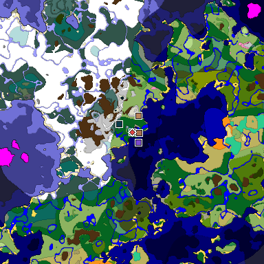 Predicted biome map of Java 1.21.4 seed 423756614972837922 around estimated spawn
