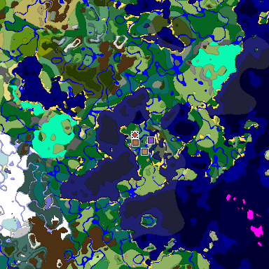 Predicted biome map of Java 1.21.4 seed -8299566367981357240 around estimated spawn