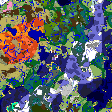 Predicted biome map of Java 1.21.4 seed -7801330612648316306 around estimated spawn