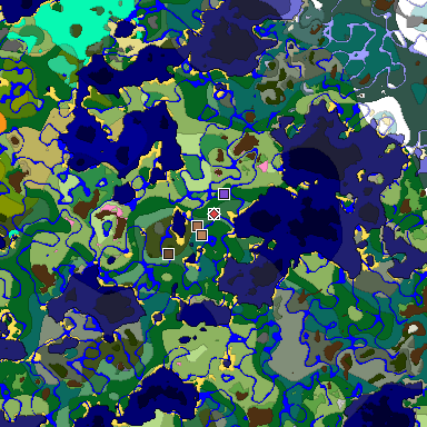 Predicted biome map of Java 1.21.4 seed -175184179671942366 around estimated spawn