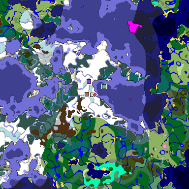 Predicted biome map of Java 1.21.4 seed -5845718184884028457 around estimated spawn