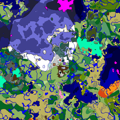 Predicted biome map of Java 1.21.4 seed 3882124035364235303 around estimated spawn