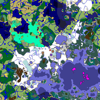 Predicted biome map of Java 1.21.4 seed -5643253926907000393 around estimated spawn