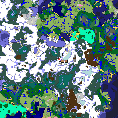 Predicted biome map of Java 1.21.4 seed 7360233107188508813 around estimated spawn