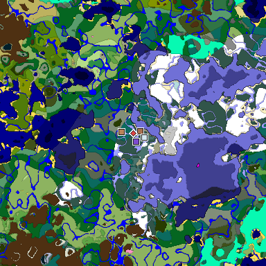Predicted biome map of Java 1.21.4 seed 6545779746347745911 around estimated spawn