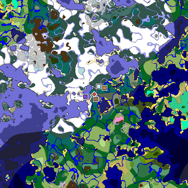 Predicted biome map of Java 1.21.4 seed -1648354718728351455 around estimated spawn