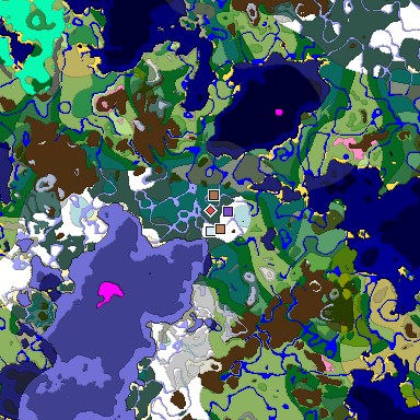 Predicted biome map of Java 1.21.4 seed 4022750047185095733 around estimated spawn