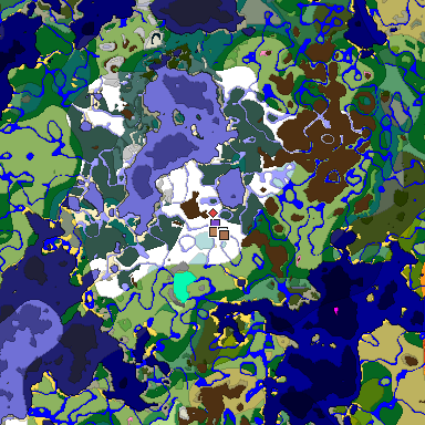 Predicted biome map of Java 1.21.4 seed 3600535811029158846 around estimated spawn