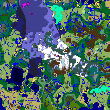 Predicted biome map of Java 1.21.4 seed 7332664620157170475 around estimated spawn