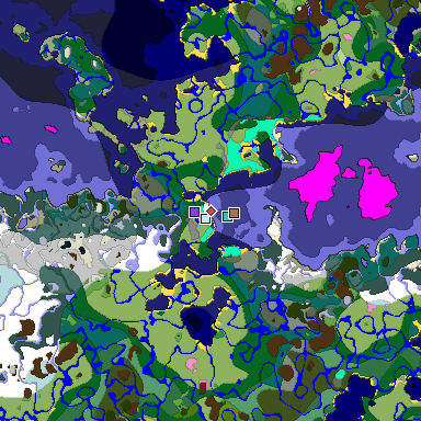 Predicted biome map of Java 1.21.4 seed -2454491676286676447 around estimated spawn