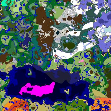 Predicted biome map of Java 1.21.4 seed -5762433911781077539 around estimated spawn