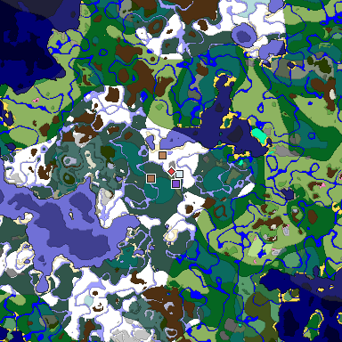 Predicted biome map of Java 1.21.4 seed 3929593979342508752 around estimated spawn