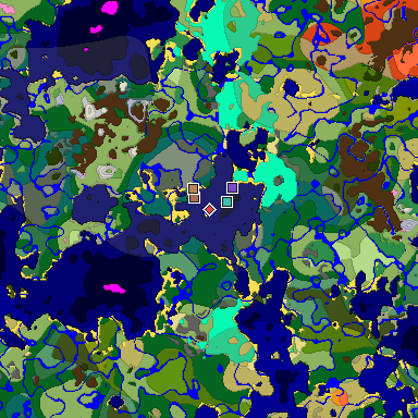 Predicted biome map of Java 1.21.4 seed -7369820394510507984 around estimated spawn