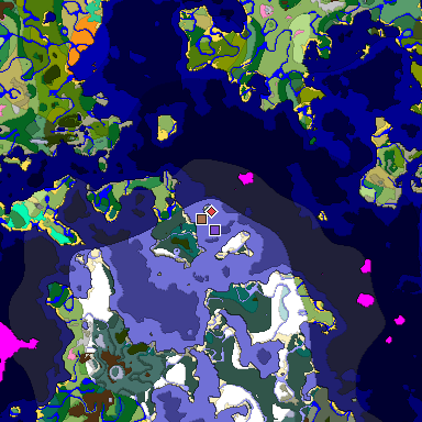 Predicted biome map of Java 1.21.4 seed 42378659328287148 around estimated spawn