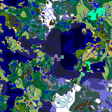 Predicted biome map of Java 1.21.4 seed 1233044411332281121 around estimated spawn