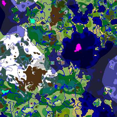 Predicted biome map of Java 1.21.4 seed -4373570740901177401 around estimated spawn