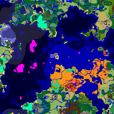 Predicted biome map of Java 1.21.4 seed -7647442435426177427 around estimated spawn