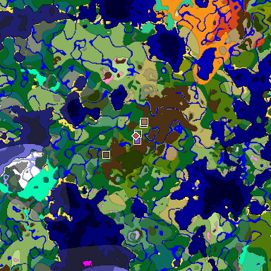Predicted biome map of Java 1.21.4 seed -3382906308345364202 around estimated spawn