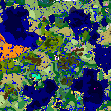 Predicted biome map of Java 1.21.4 seed -3787759560447350231 around estimated spawn