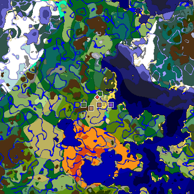 Predicted biome map of Java 1.21.4 seed -5694916288501201005 around estimated spawn