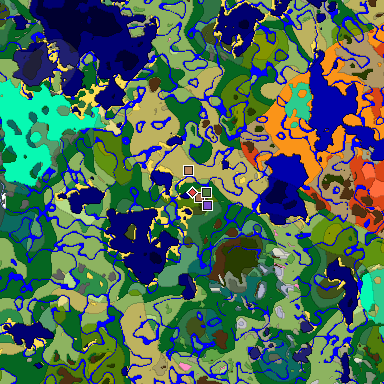 Predicted biome map of Java 1.21.4 seed 1500872228944439142 around estimated spawn