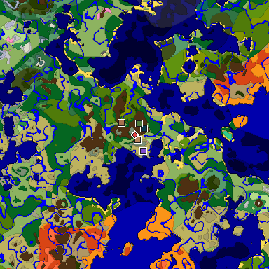 Predicted biome map of Java 1.21.4 seed -5842899044387393355 around estimated spawn