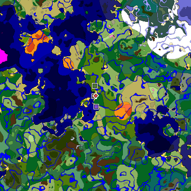 Predicted biome map of Java 1.21.4 seed -6990808565359983077 around estimated spawn