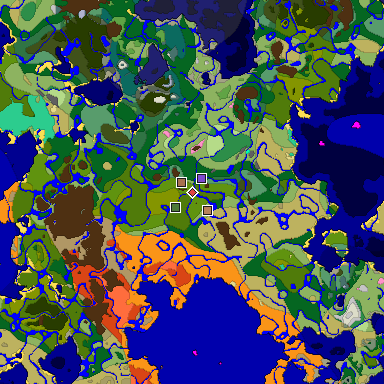 Predicted biome map of Java 1.21.4 seed -3206834978145442934 around estimated spawn