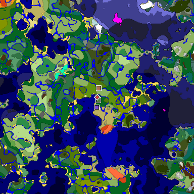 Predicted biome map of Java 1.21.4 seed -3071960941043663072 around estimated spawn