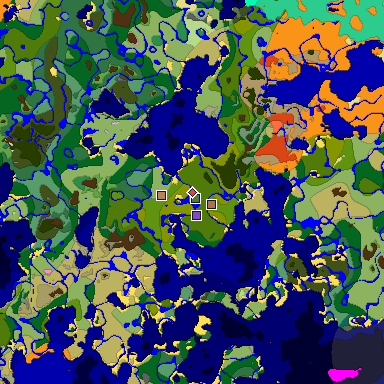 Predicted biome map of Java 1.21.4 seed -3053136533970327180 around estimated spawn