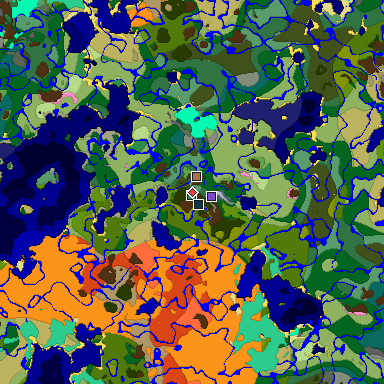 Predicted biome map of Java 1.21.4 seed -2692229615665088172 around estimated spawn