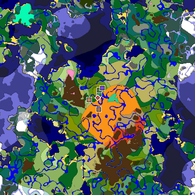 Predicted biome map of Java 1.21.4 seed 7783421005639480799 around estimated spawn