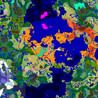 Predicted biome map of Java 1.21.4 seed -7196110956463628388 around estimated spawn