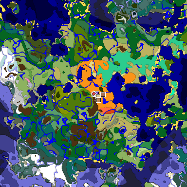 Predicted biome map of Java 1.21.4 seed -9147762701059215483 around estimated spawn