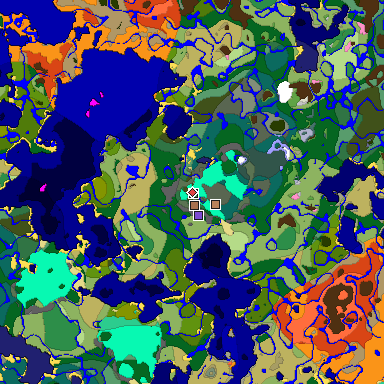 Predicted biome map of Java 1.21.4 seed 525004252050751107 around estimated spawn
