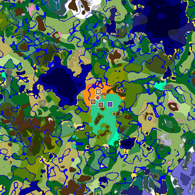 Predicted biome map of Java 1.21.4 seed -3148468317129230935 around estimated spawn