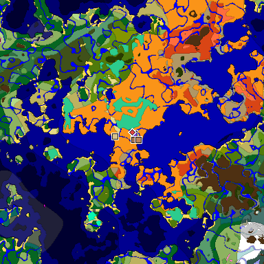 Predicted biome map of Java 1.21.4 seed 4445015466699432884 around estimated spawn