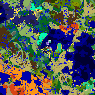 Predicted biome map of Java 1.21.4 seed -5493220652436422072 around estimated spawn