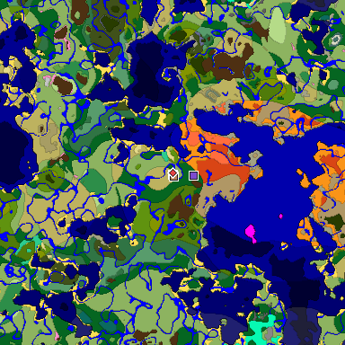 Predicted biome map of Java 1.21.4 seed 7433570880385849784 around estimated spawn