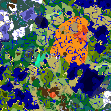 Predicted biome map of Java 1.21.4 seed -3941349945215287492 around estimated spawn