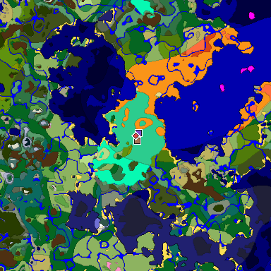 Predicted biome map of Java 1.21.4 seed -5818582833953771951 around estimated spawn