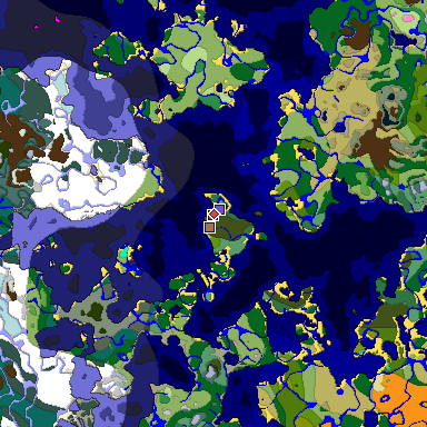 Predicted biome map of Java 1.21.4 seed 991779031708625993 around estimated spawn