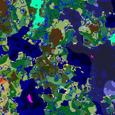 Predicted biome map of Java 1.21.4 seed -5227266158257183029 around estimated spawn