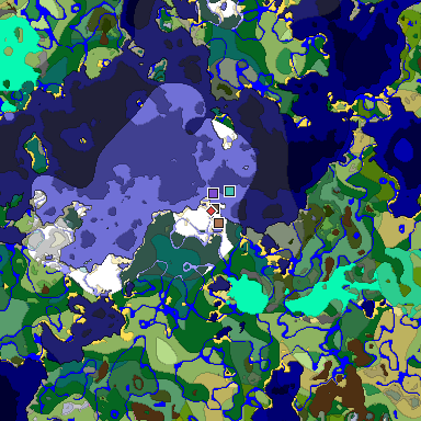Predicted biome map of Java 1.21.4 seed -3535940339517126657 around estimated spawn