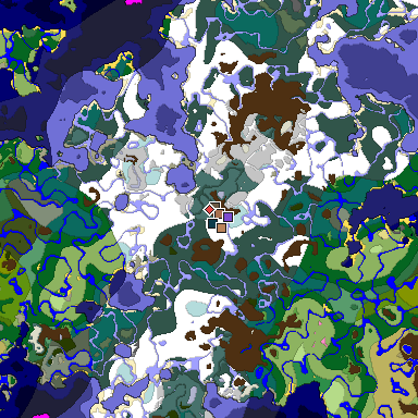Predicted biome map of Java 1.21.4 seed -7300310114998439276 around estimated spawn