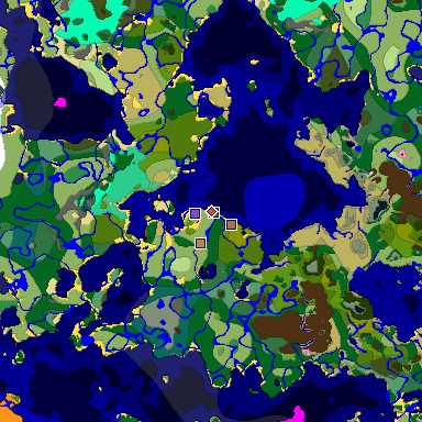 Predicted biome map of Java 1.21.4 seed 7666126009101515696 around estimated spawn