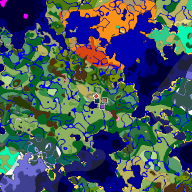 Predicted biome map of Java 1.21.4 seed -2545325667615320870 around estimated spawn