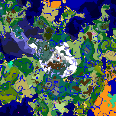 Predicted biome map of Java 1.21.4 seed 7620169762907397609 around estimated spawn