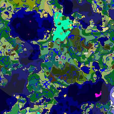Predicted biome map of Java 1.21.4 seed -5355250017151538795 around estimated spawn