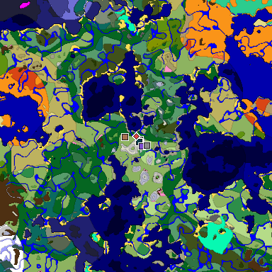Predicted biome map of Java 1.21.4 seed 3336891156855368893 around estimated spawn